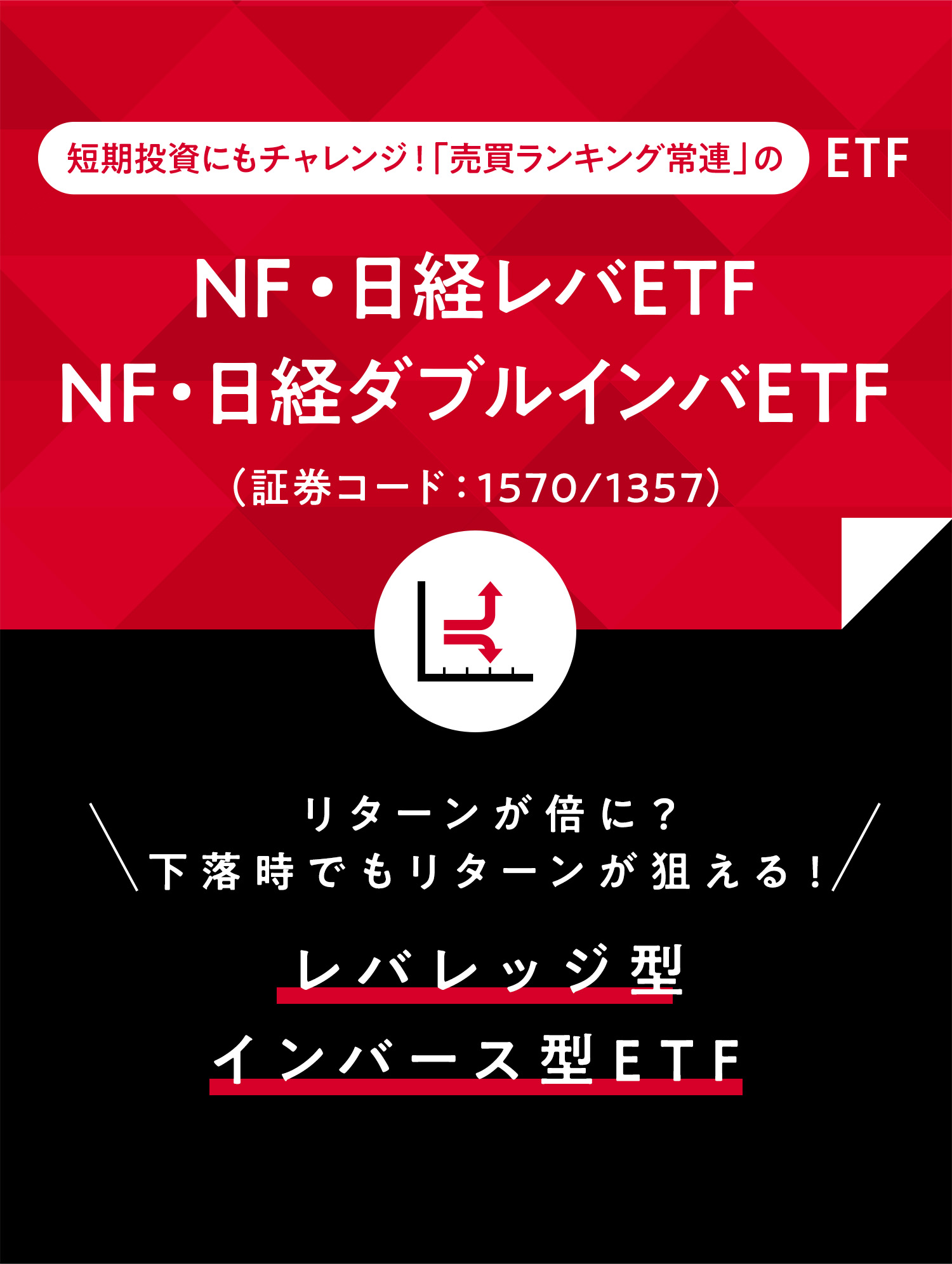 短期投資にもチャレンジ！「売買ランキング常連」のETF NF・日経レバETF NF・日経ダブルインバETF(証券コード:1570/1357) リターンが倍に？ 下落時でもリターンが狙える！ レバレッジ型 インバース型ETF